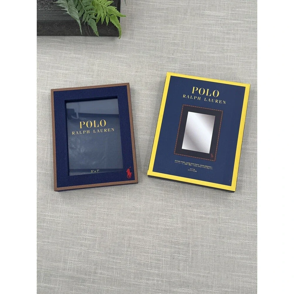 Ralph Lauren Polo 5” x 7” Picture Frame Blue Herringbone Cotton & Leather